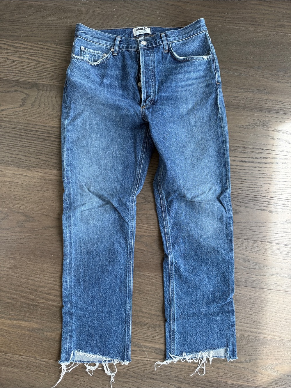 Agolde Riley Medium Blue Straight Jeans with Raw Hem